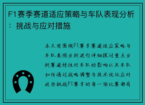 F1赛季赛道适应策略与车队表现分析：挑战与应对措施